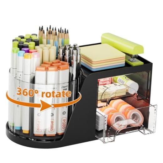 Desk Organizer with 2 Drawer, 360°Rotating Pen Holder, Desk Organizers Black
