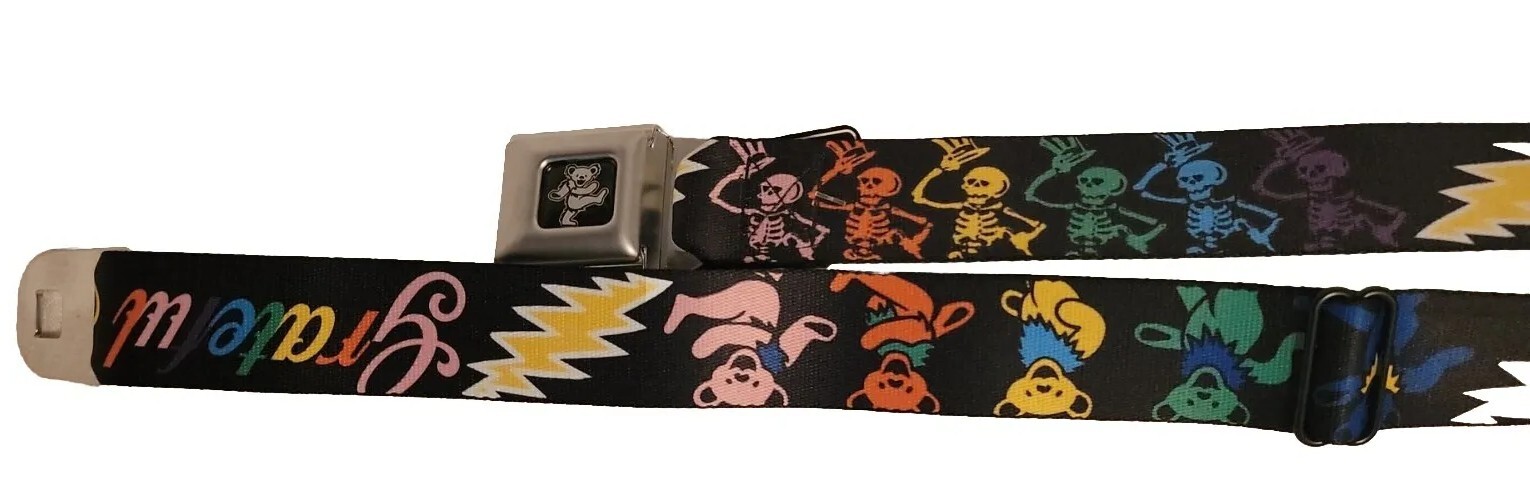 GRATEFUL DEAD SCRIPT BOLT SKELETON AND BEAR SEAT BELT BUCKLE WEB BELT