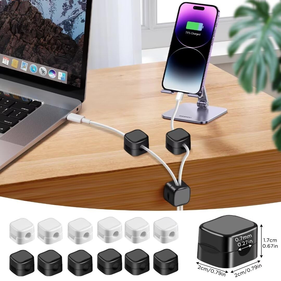 VZZNN 12 Pack Cable Holders Clips Magnetic Desk Organizer Black、White