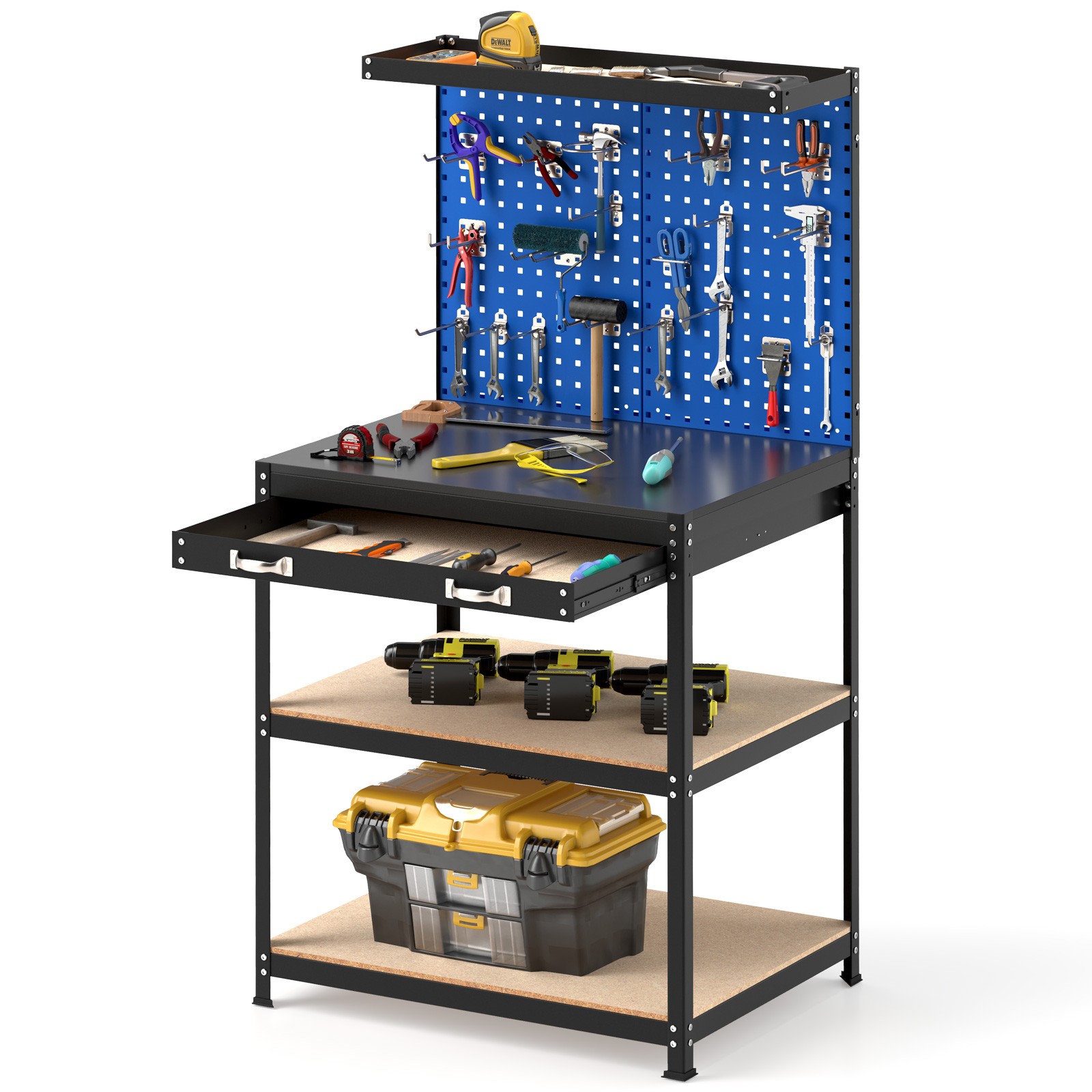32" x 16" Workbench with Pegboard 20PCS Tool Hooks Drawer and Open Shelves