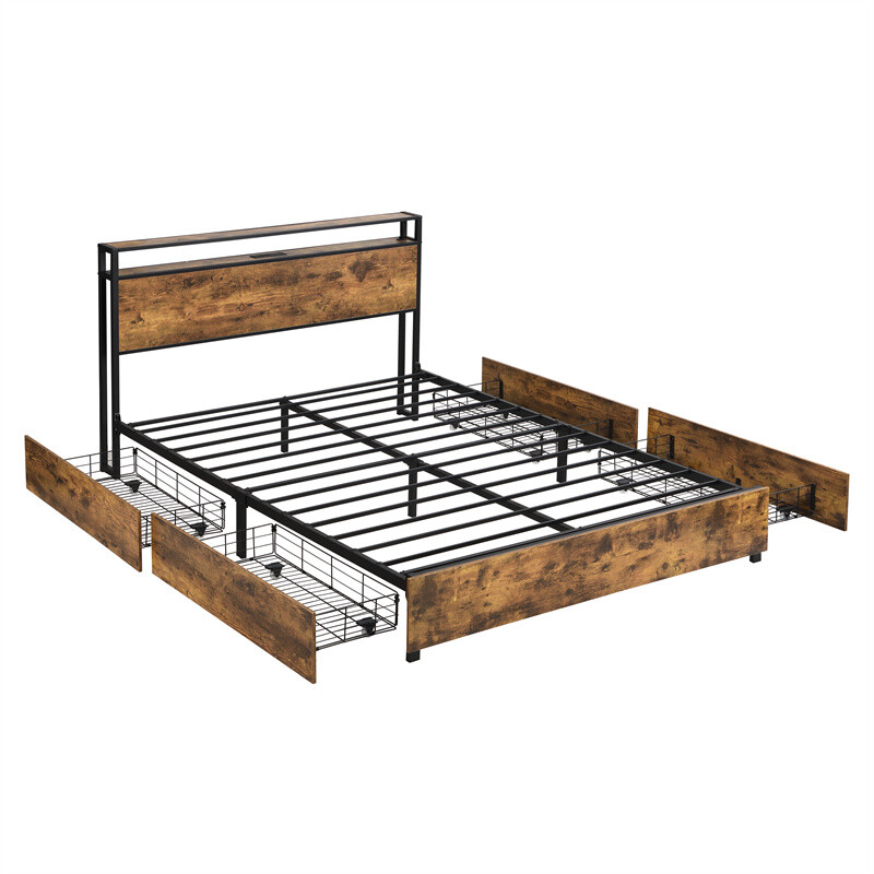 Queen Size Platform Bed Frame w/LED Headboard,Charging Station & 4 Large Drawers