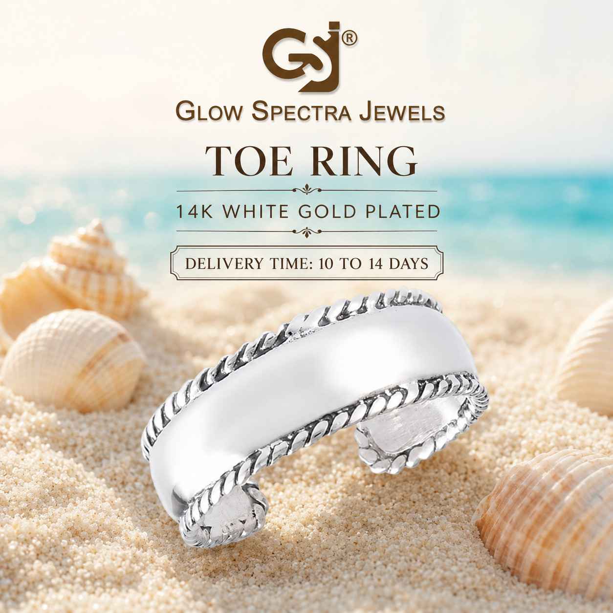 Milgrain Border Edge 925 Solid Sterling Silver Adjustable Toe 14k White Plated