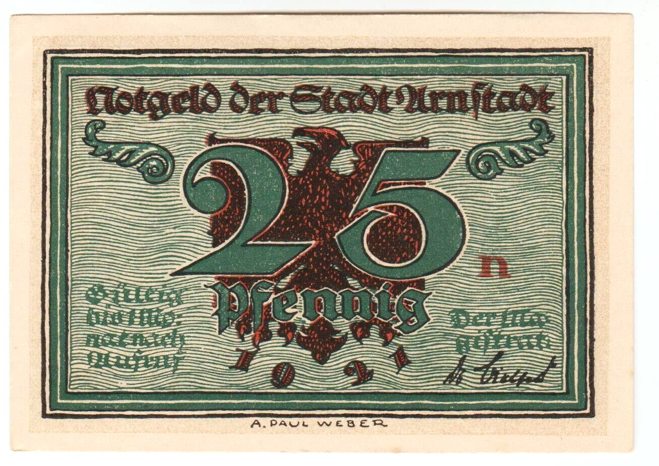 1921 German Arnstadt Notgeld 25 Pfennig (N)