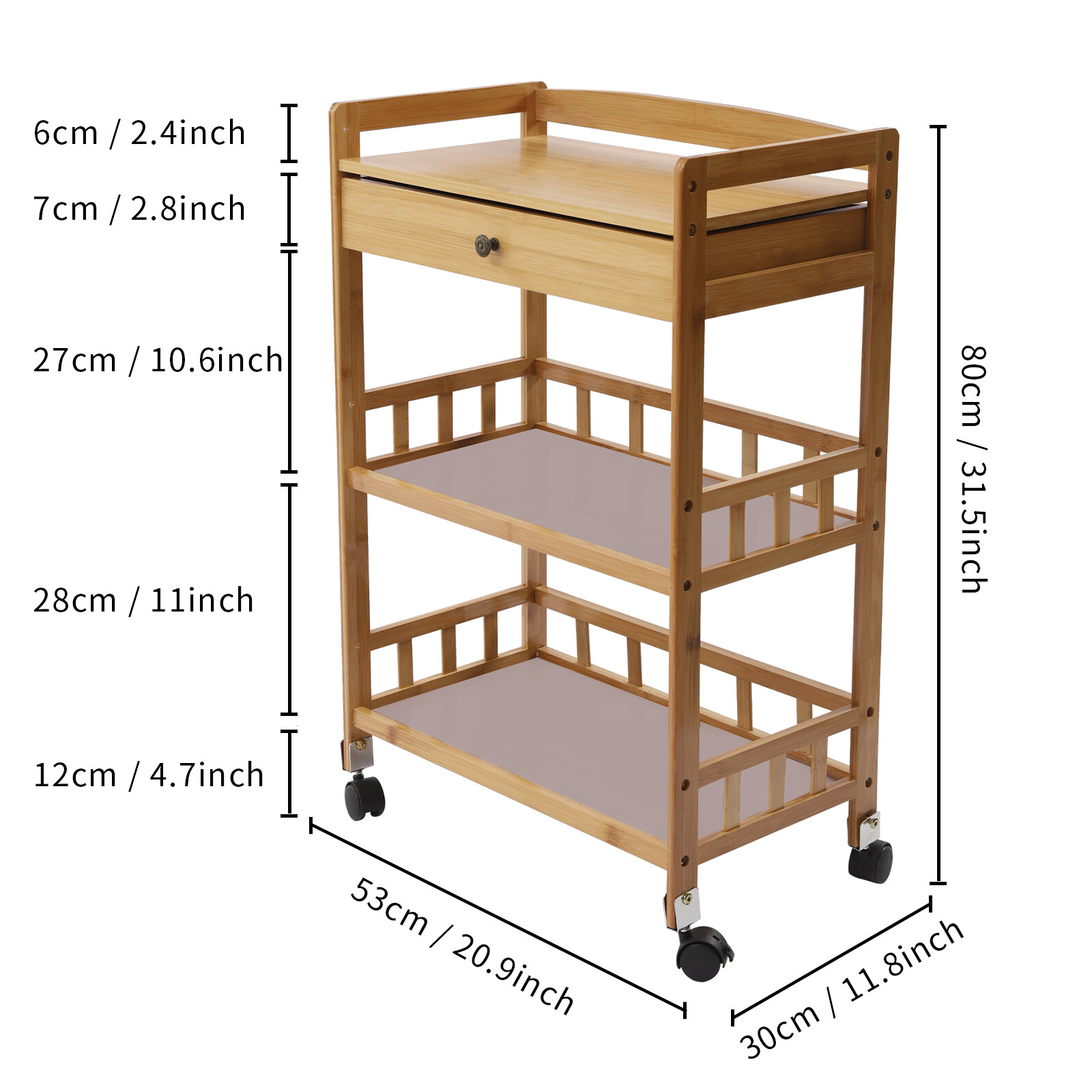 Rolling Bamboo Kitchen Cart Multi Purpose Serving Cart Storage 3 Tiers Standing