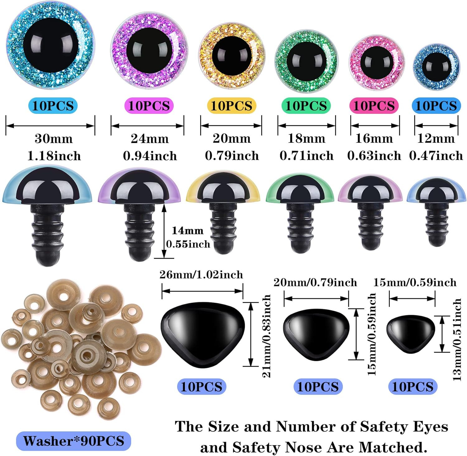 180Pcs Safety Eyes and Noses for Amigurumi Large Plastic Craft Crochet Eyes for