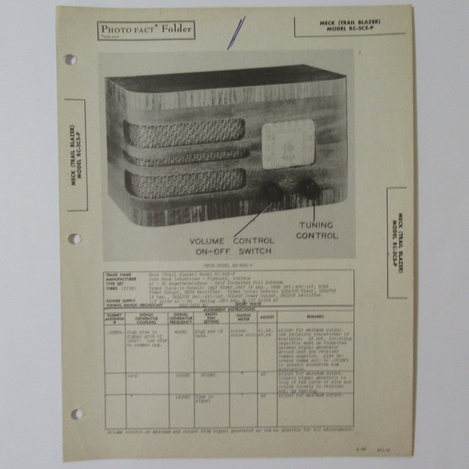 Meck (Trail Blazer) Model RC-5C5-P Table Top AM Radio SAMS Photofact ™ 1946
