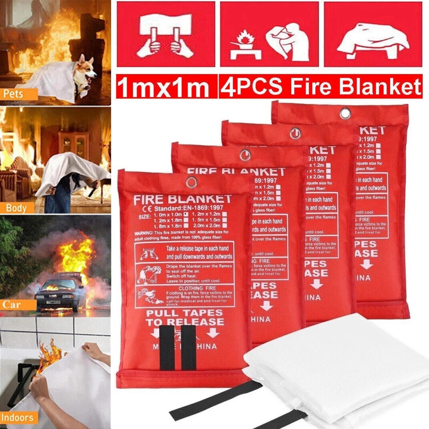 4 PACK FIRE BLANKET Fiberglass Hero 39''x39'' Emergency Home Retardant Prepared