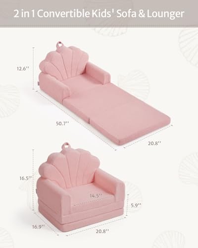 Kids Couch, 2-in-1 Soft Toddler Couch Fold Out, Toddler Chair Rosado Shell