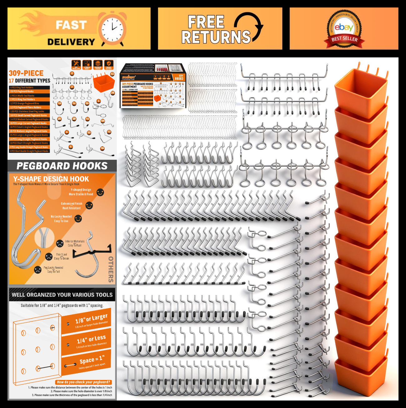 309 PCS Heavy Duty Pegboard Hooks Assortment Kit – 17 Types Metal Organizer Acce