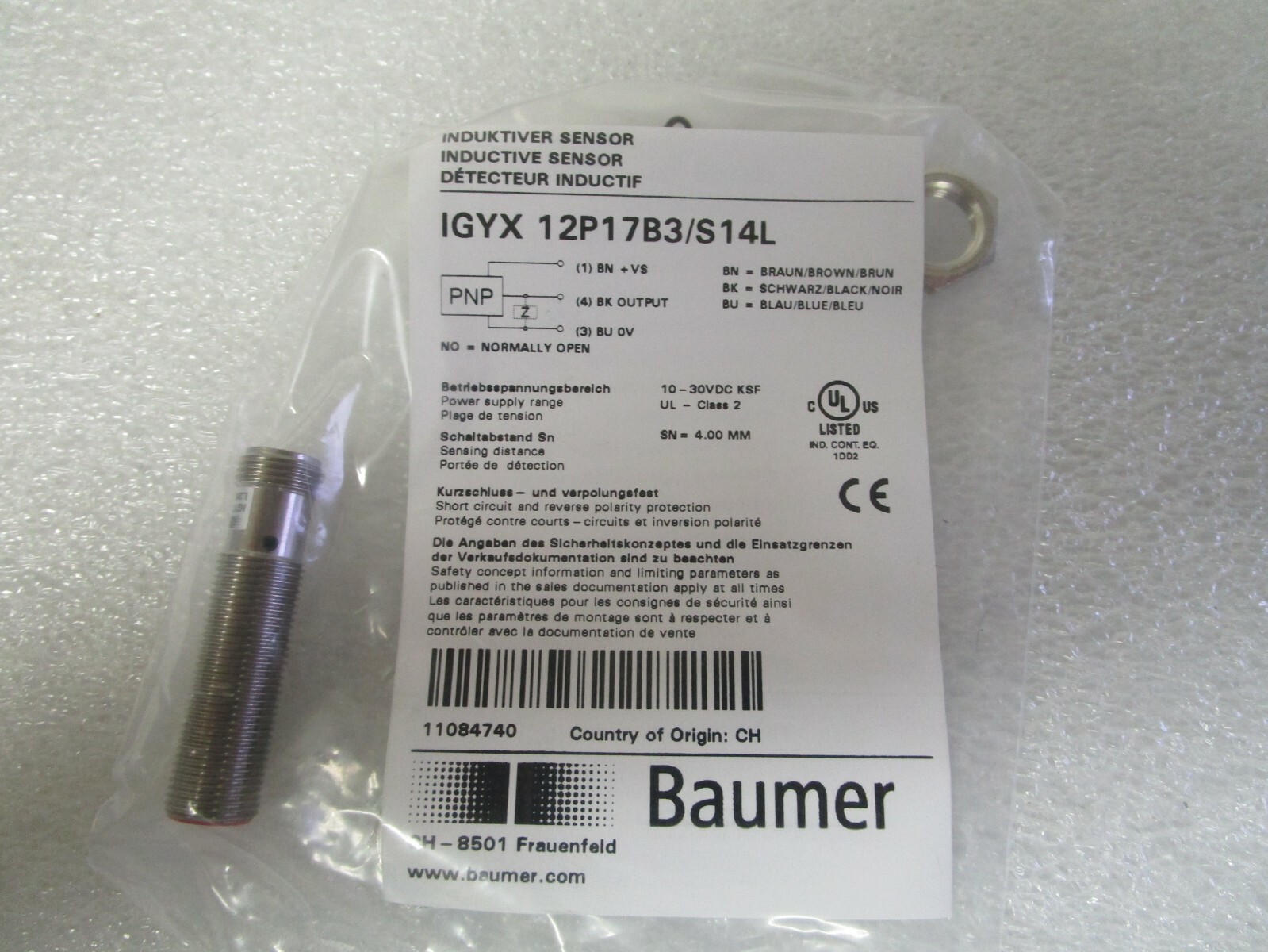 Baumer Inductive Sensor IGYX 12P17B3/S14L PNP Proximity Switch