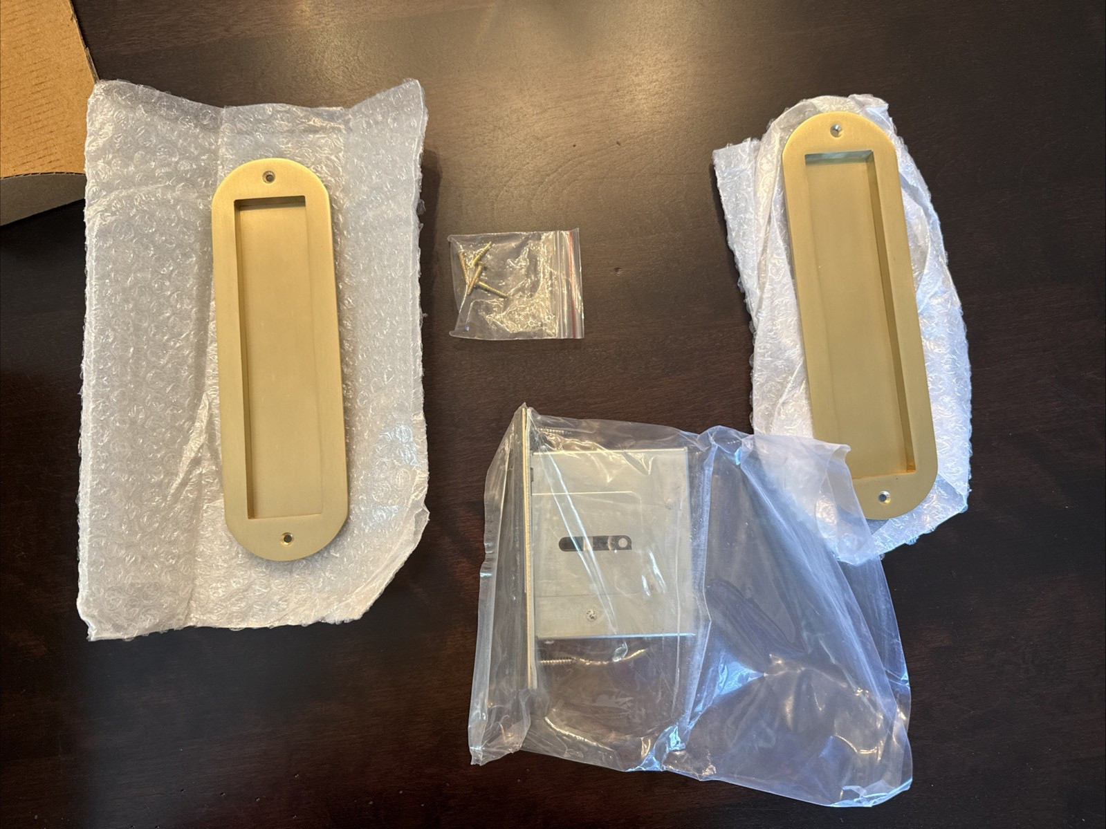 SH552164SB Rounded Pop Out Brass Pocket Door Pull Passage Satin Brass
