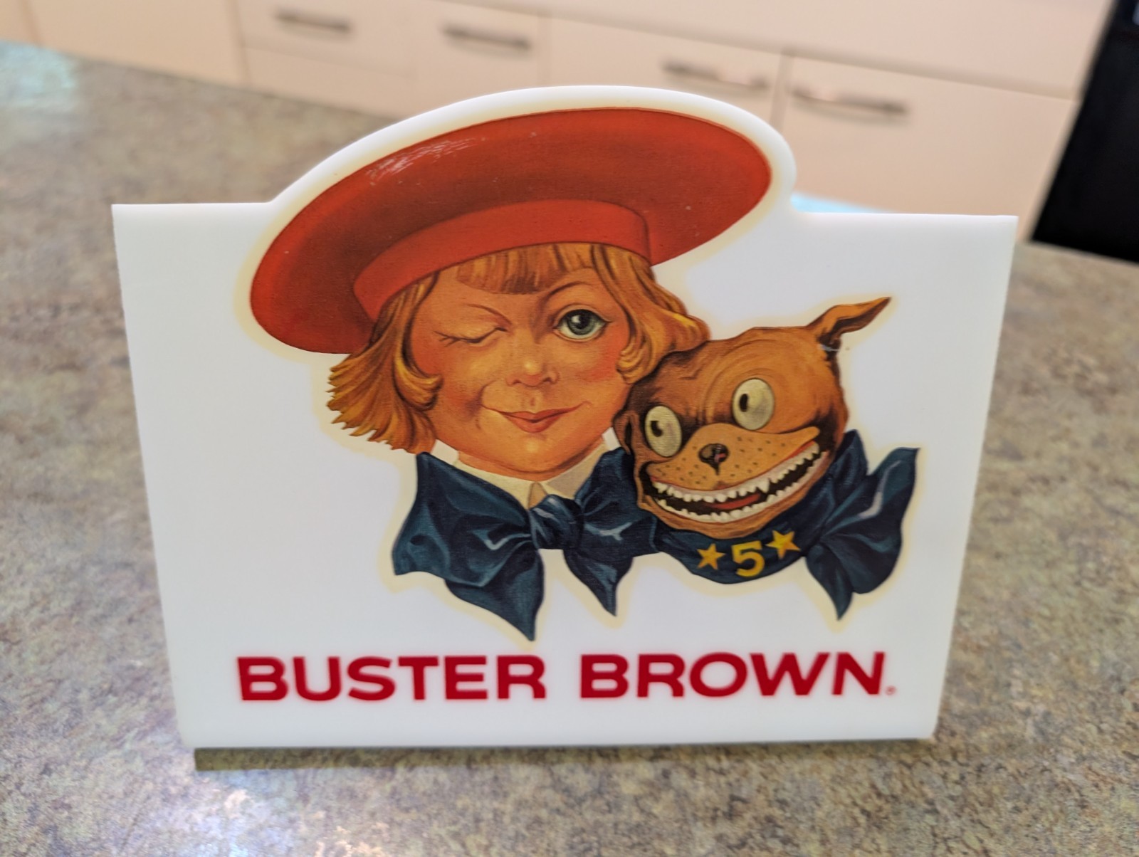 Vtg Buster Brown Shoes Counter Top Advertising Plastic Sign Display 6.5x7.5"