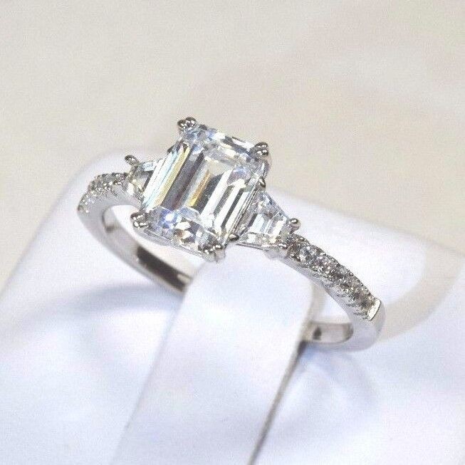 Lab-Created 2.90Ct Emerald Cut White Diamond Engagement Ring 925 Sterling Silver