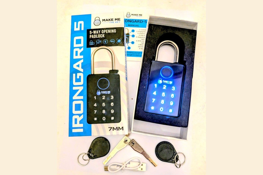 IronGard 5 Way Opening Smart Padlock Fingerprint, Passcode, RFID, Bluetooth, Key