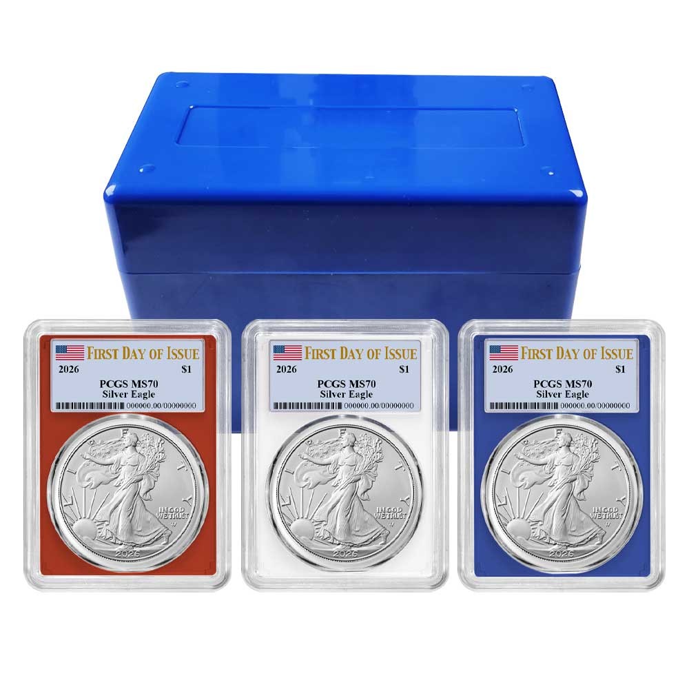 2026 $1 American Silver Eagle 3pc Set PCGS MS70 FDOI Flag Label Red White Blue