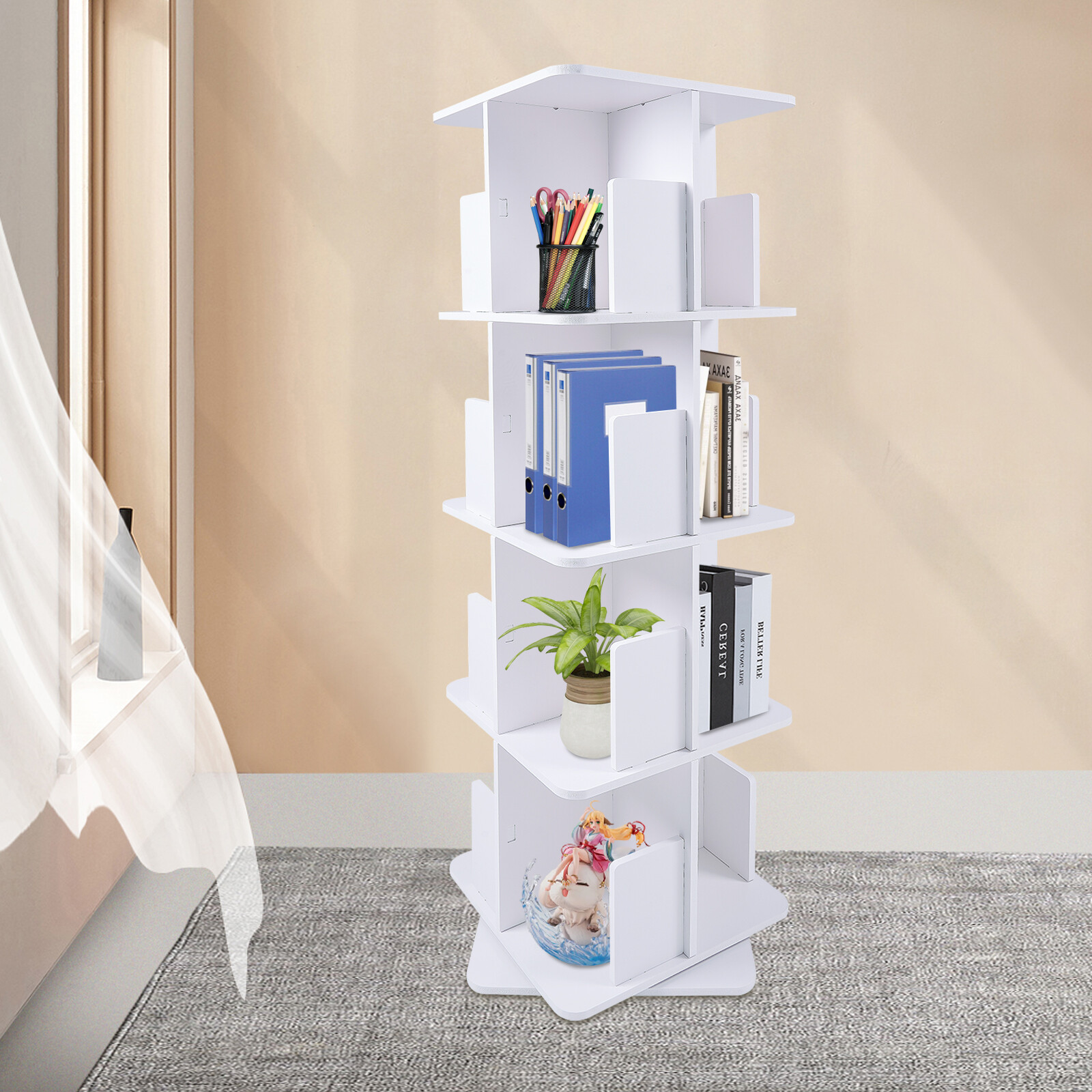 4-Tier White 360° Rotating Bookshelf Standing Bookcase Small Corner Bookcase