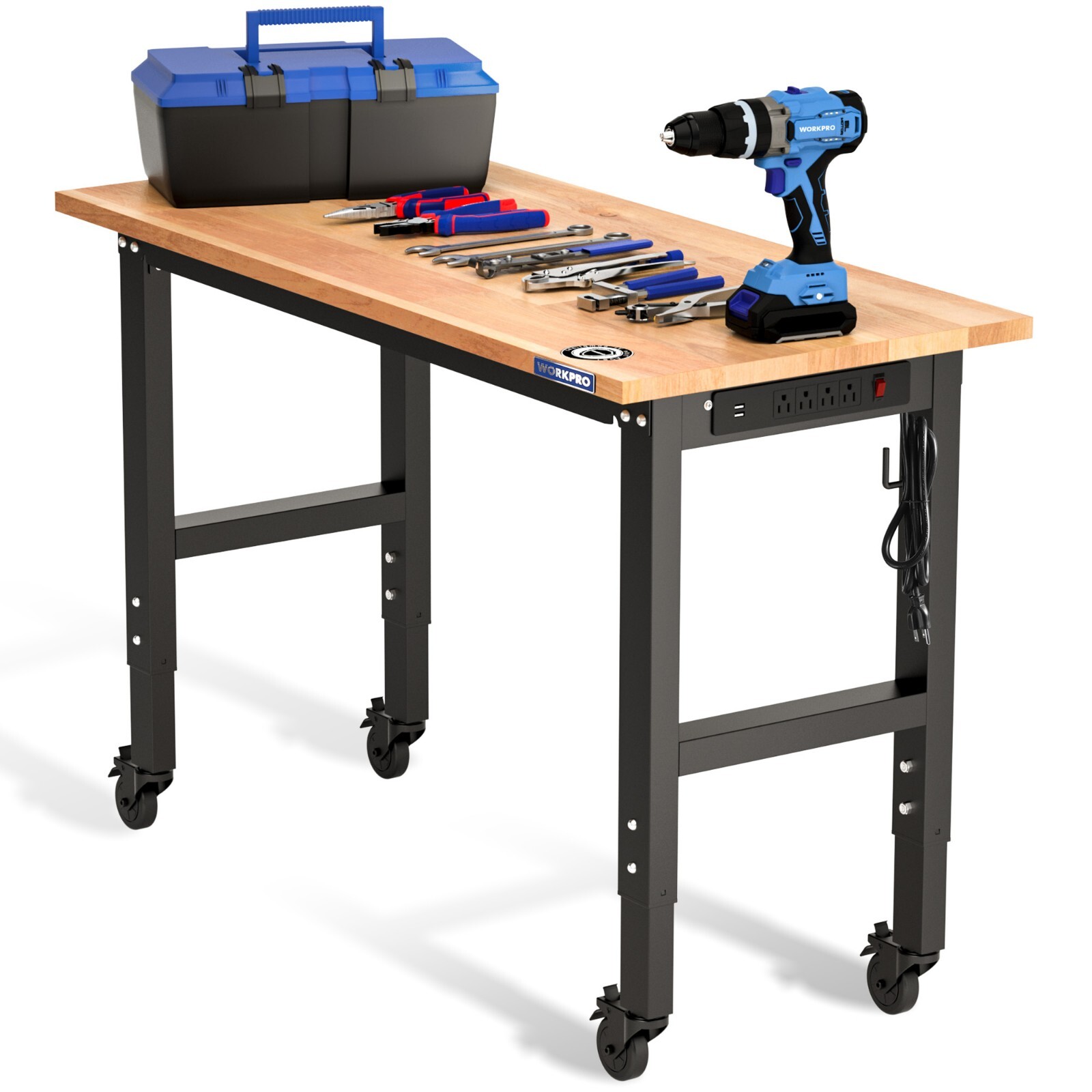48"X22" Adjustable Workbench with Wheels, Rubber Wood Top Heavy-Duty Workstation