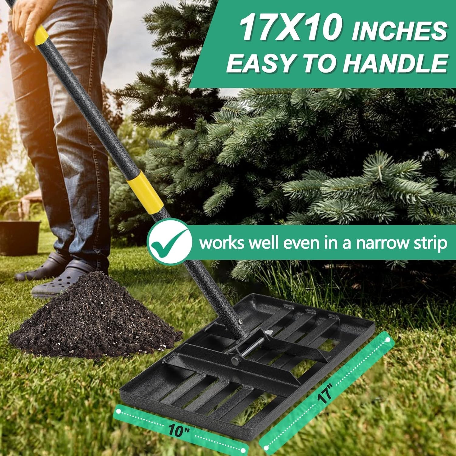 17x10 Lawn Rake with Adjustable Handle for Yard Leveling and Smoothing