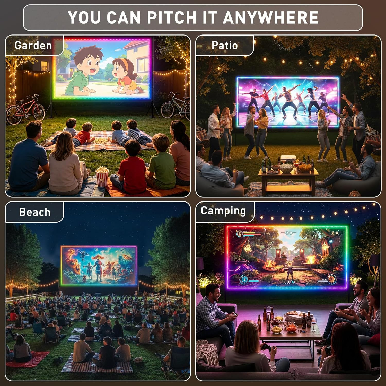 150 inch Projector Screen with Stand, USB String Lights Connection 16:9 4K HD Po