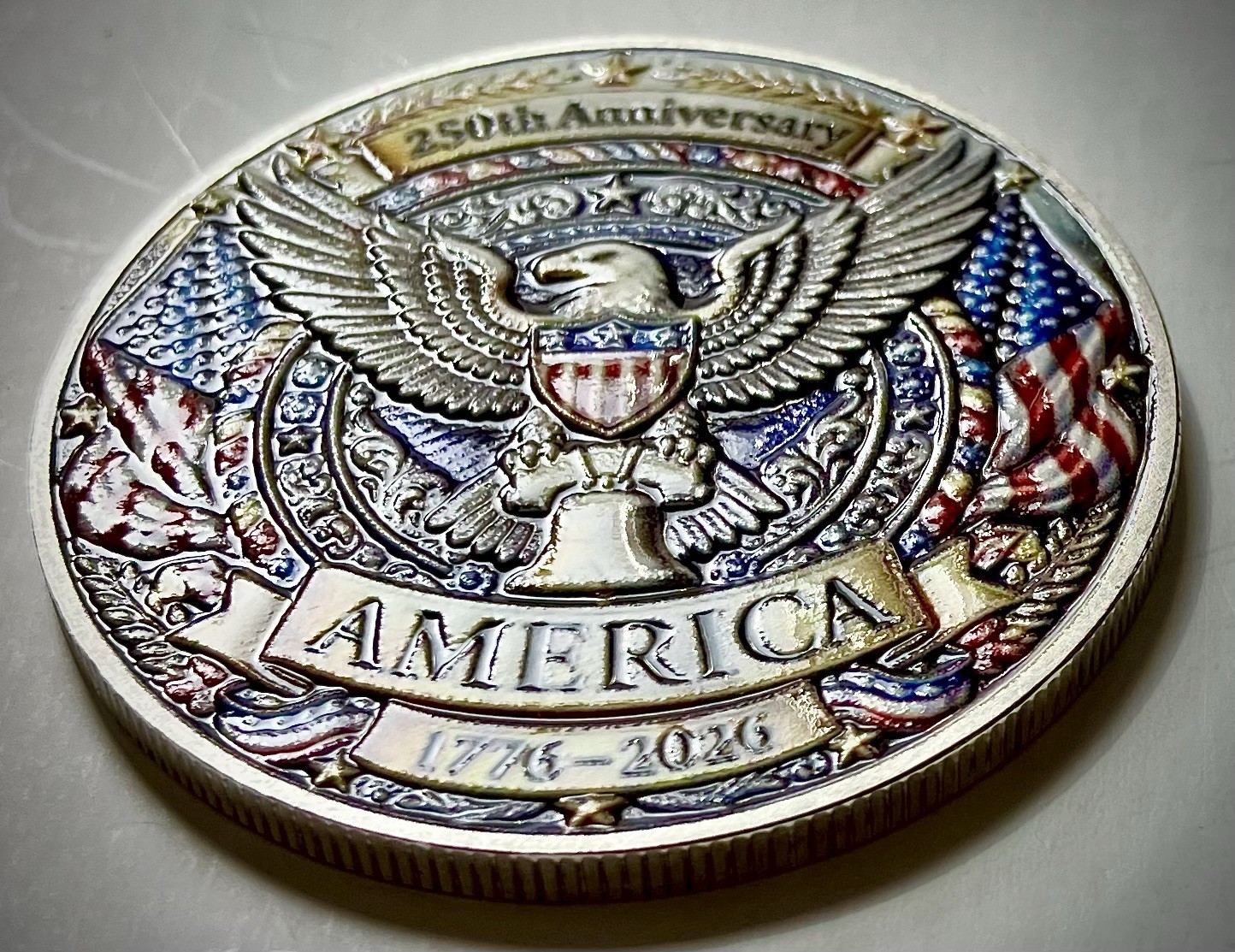 USA 250th Anniversary Challenge Coin-Silver Colored-3D-2 Sided-Glossy