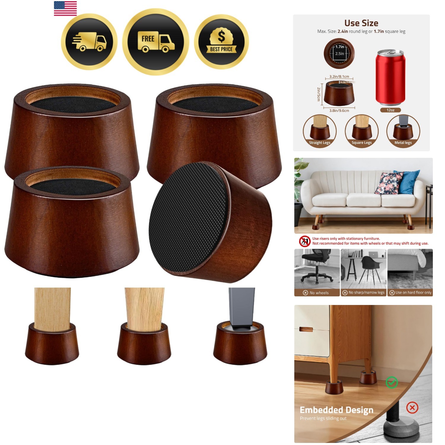 Furniture Raisers Bed Risers - 2 Inch Wooden Circle Heavy Duty Furniture Heig...