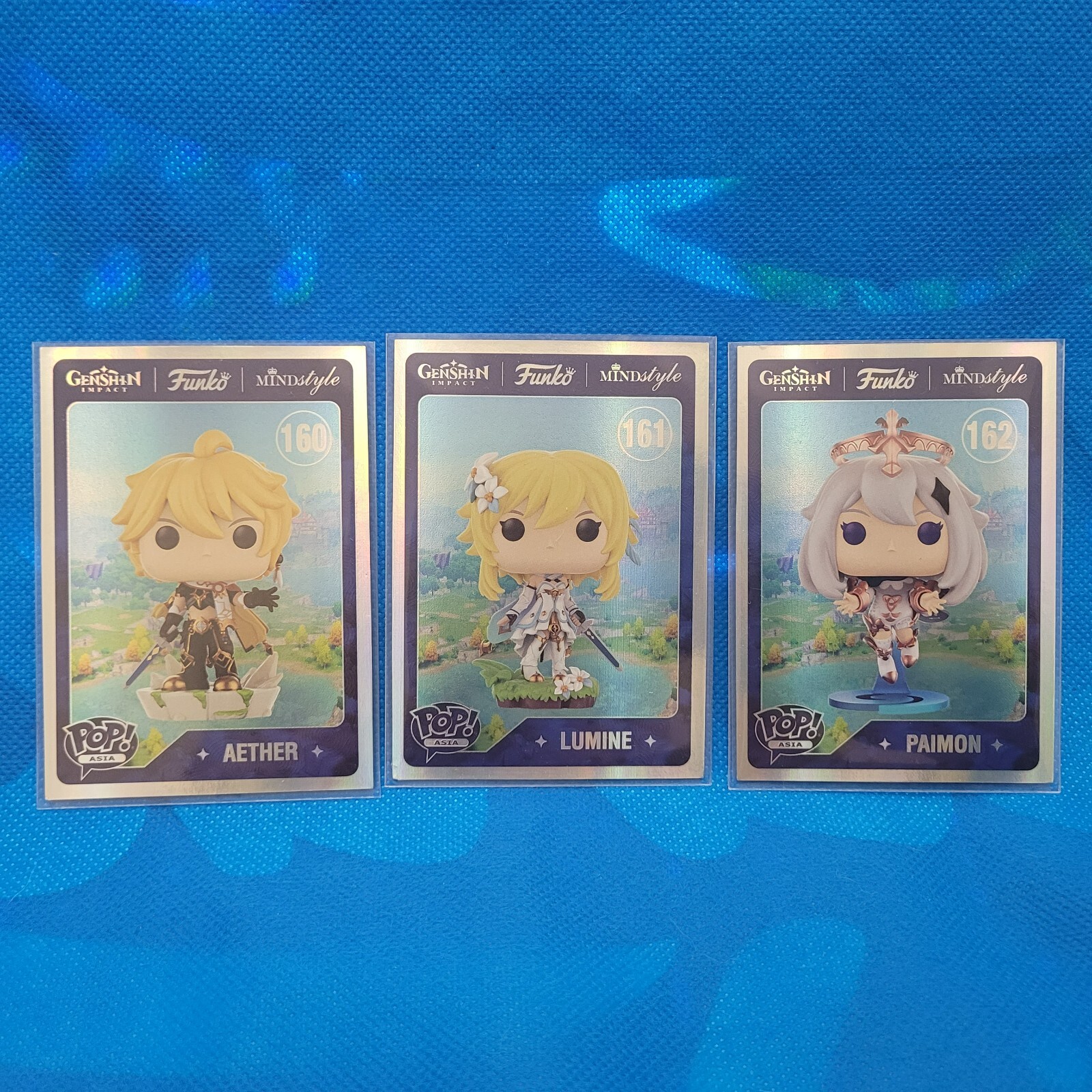 SDCC 2022 FUNKO POP! ASIA FOIL PROMO CARDS - AETHER 160, LUMINE 161, PAIMON 162