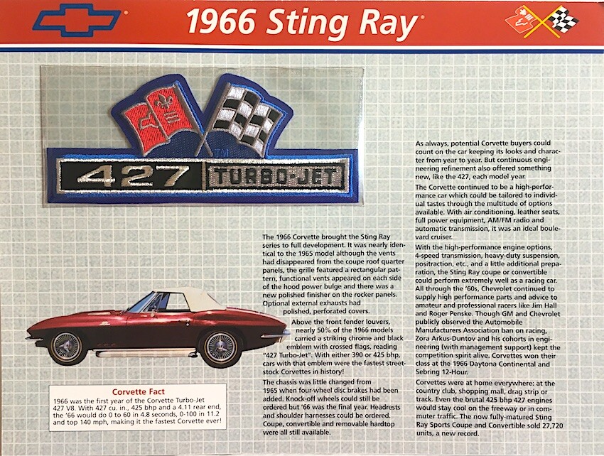 1966 CORVETTE STING RAY 427 TURBO Willabee & Ward OFFICIAL PATCH COLLECTION CARD