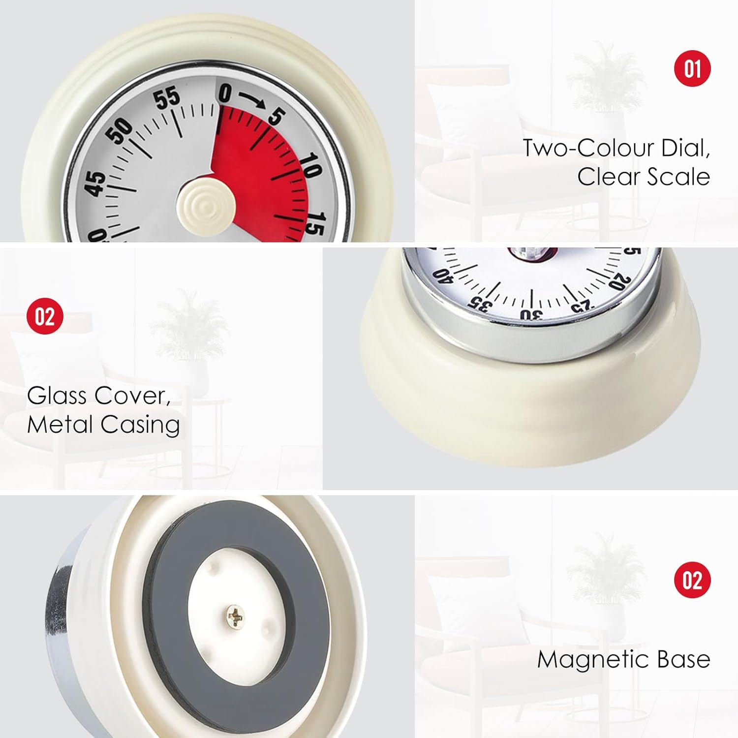 Visual Timer, 60-Minute Countdown Timer, Kitchen Timer with Magnetic Base, Mech