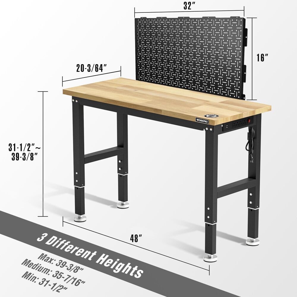 WORKPRO 48" Adjustable Workbench w/2 Pack 16"x32" Metal Pegboard Rubber Wood Top