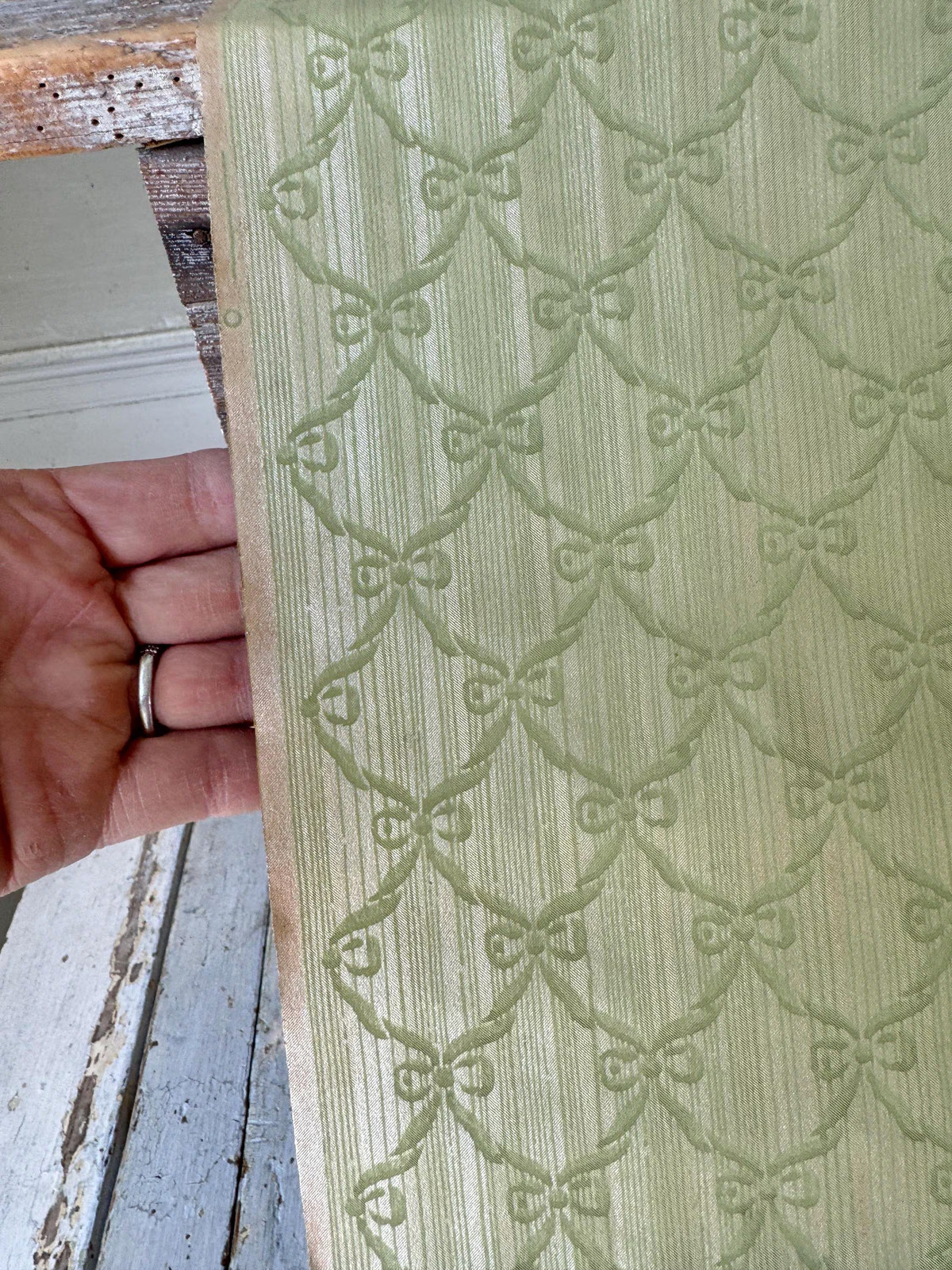 25 inches (multi avail) antique French wallpaper opalescent sheen green lattice