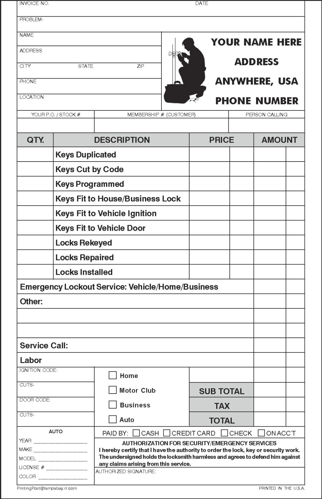 500 2-part Locksmith Invoices - Receipts - Custom Printed