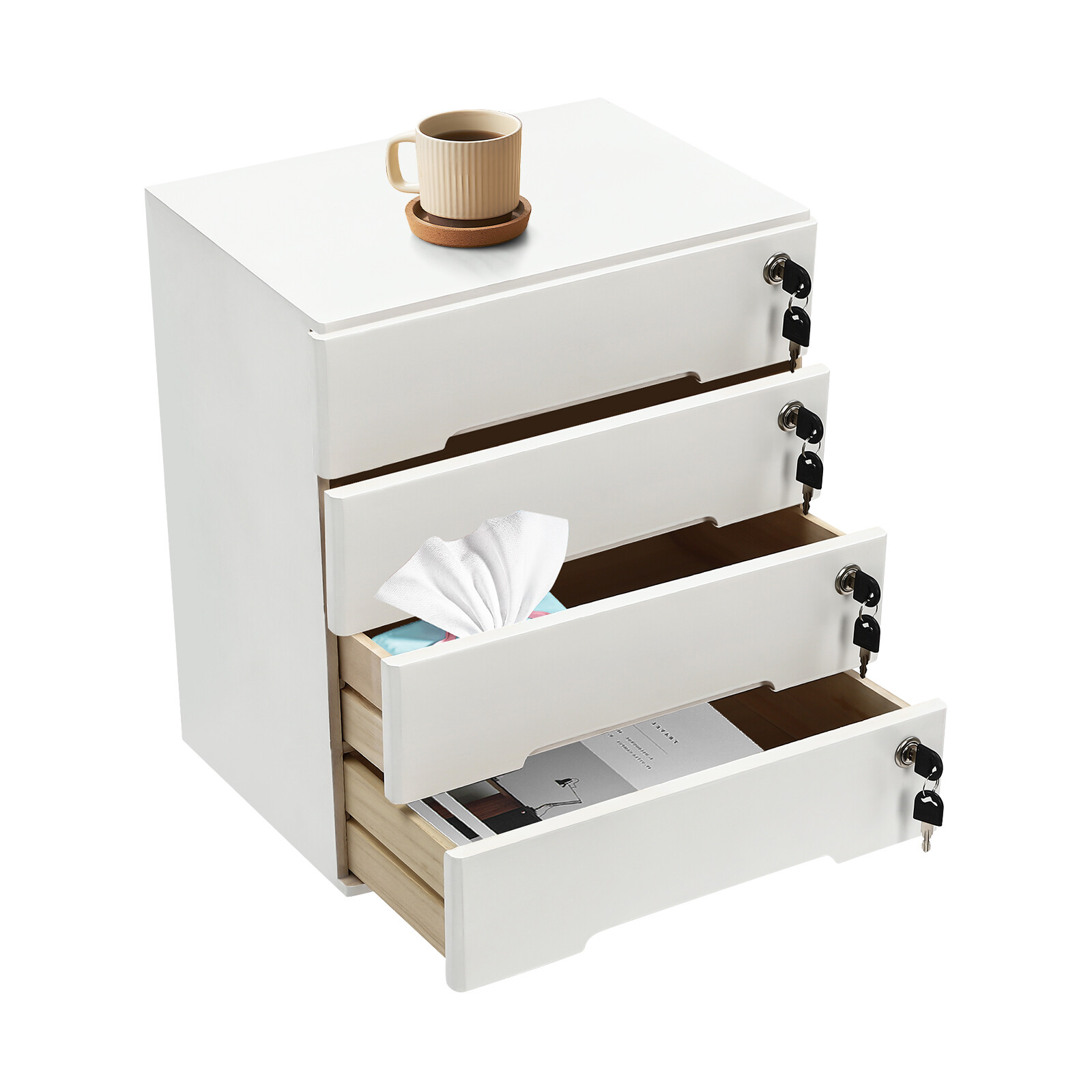 4-layer white wooden desktop storage box file cabinet with lockable drawers