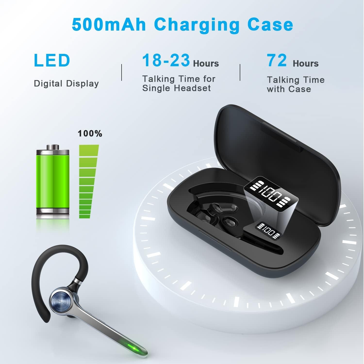 Bluetooth Headset, Wireless Bluetooth Earpiece with 500mAh Charging Case