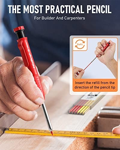 Carpenter Pencil Set with Sharpener & 26 Refills, Deep Hole Marker for Woodworki