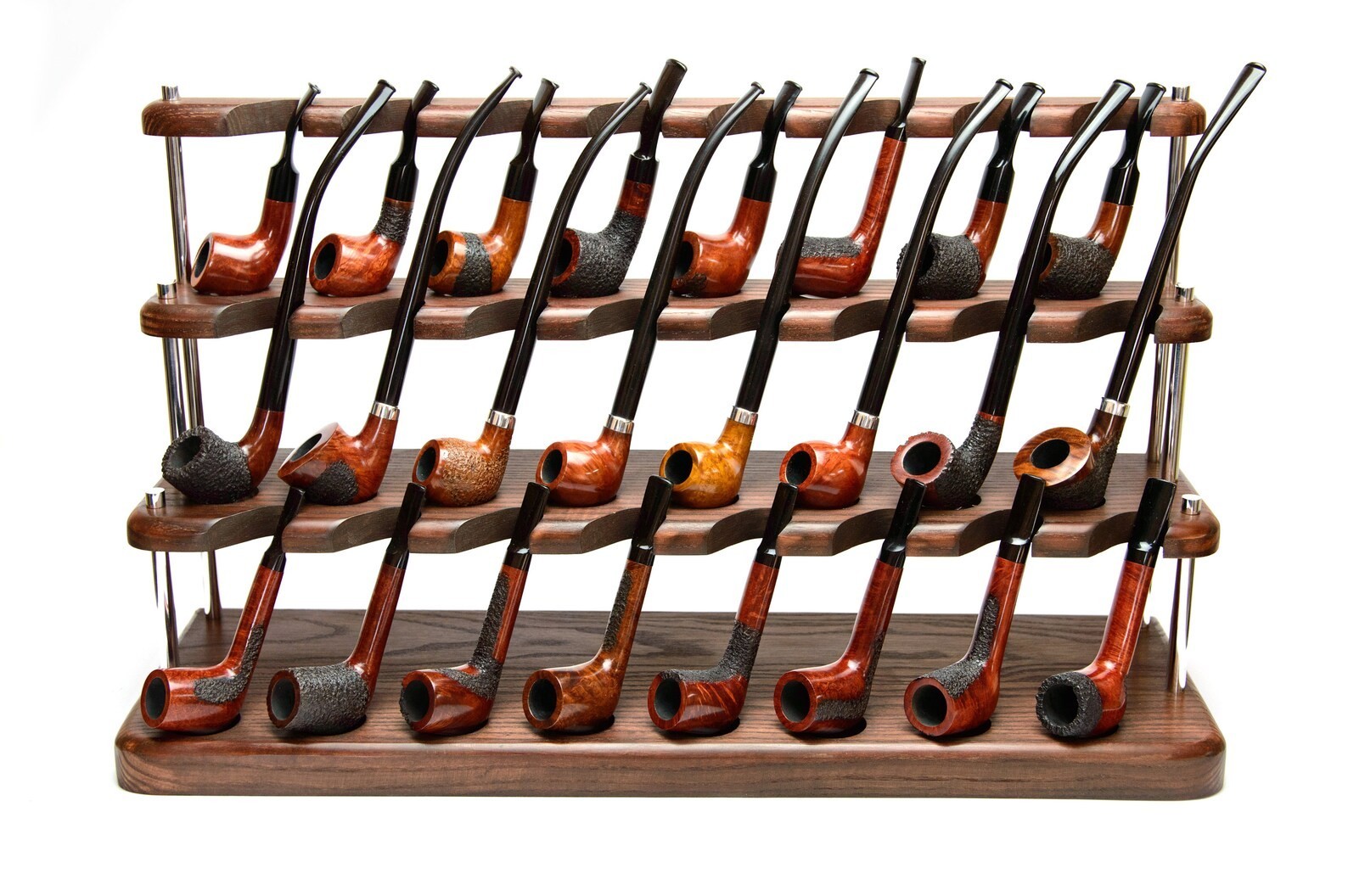 Smoking tobacco pipe stand for 24 wooden bowls with rubber rings