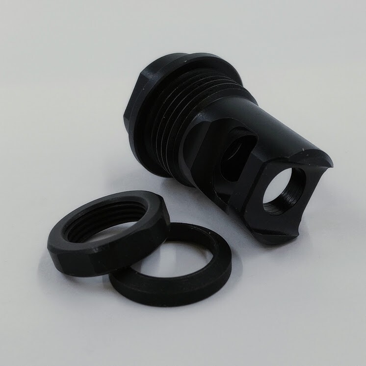 short single port muzzle brake M14x1RH .30 cal 4140 steel nitride