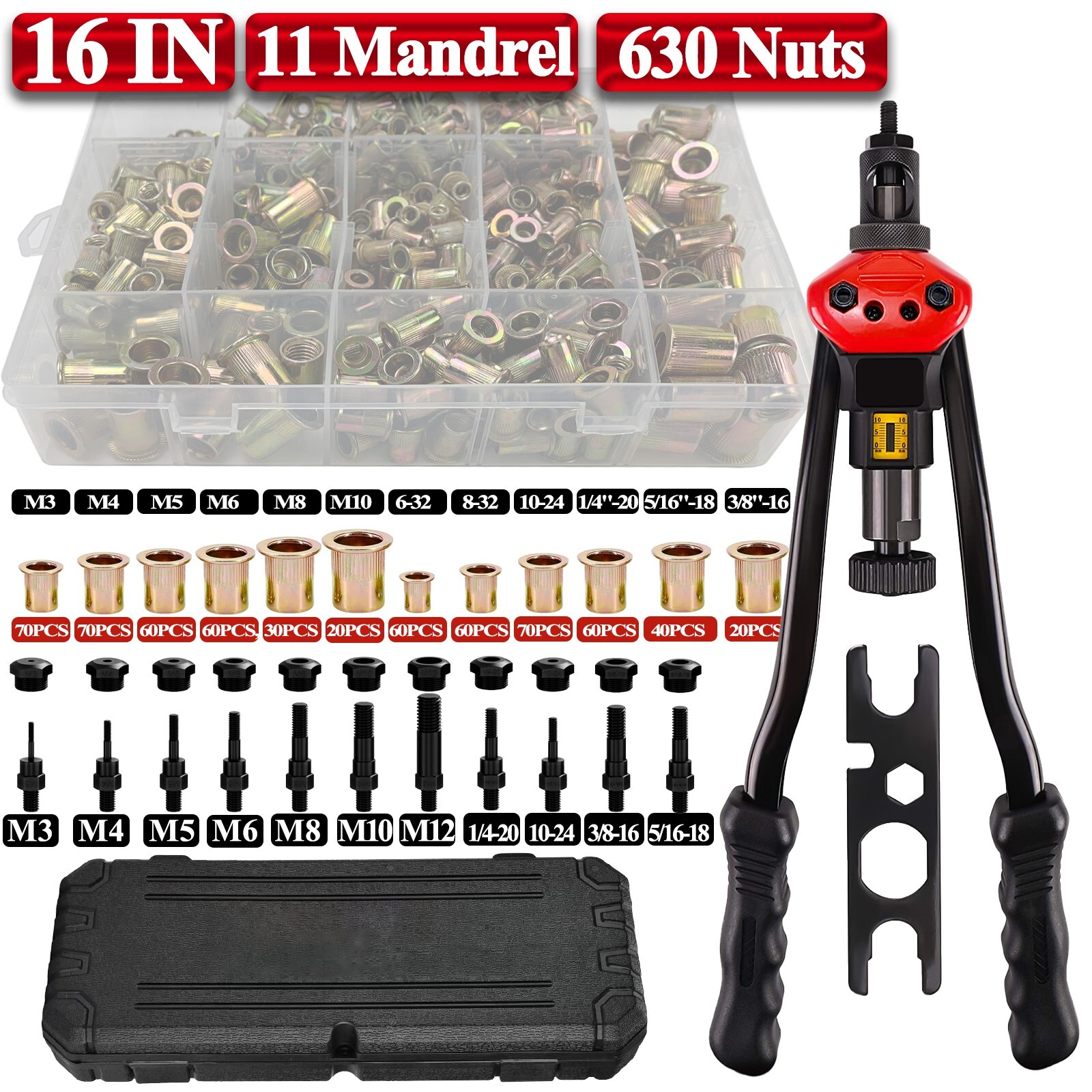 16" Rivet Nut Tool Kit Rivnut Nutsert Thread Insert Setter Metric SAE Nut Tool