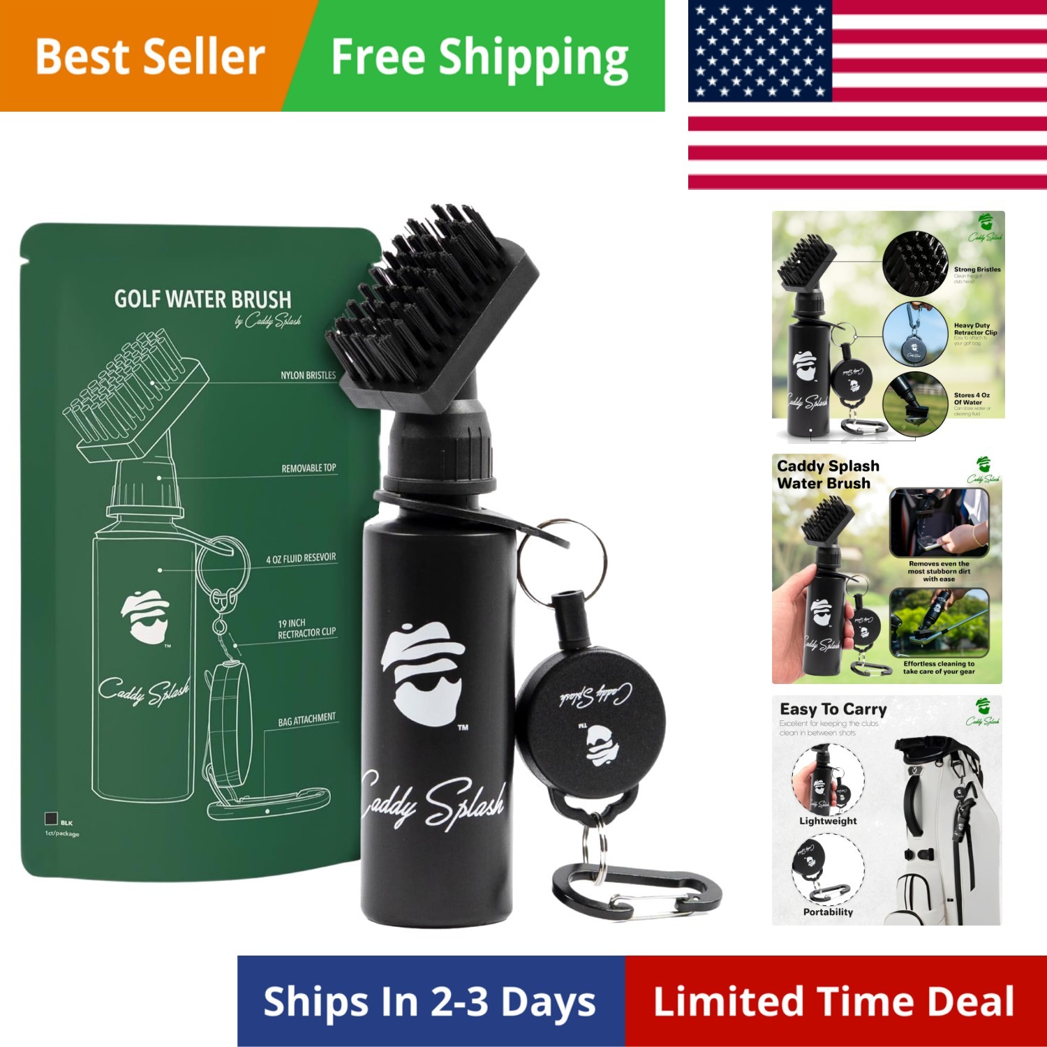 Golf Club Brush Cleaner with Water - Heavy Duty Retractable Clip- Squeeze Bot...