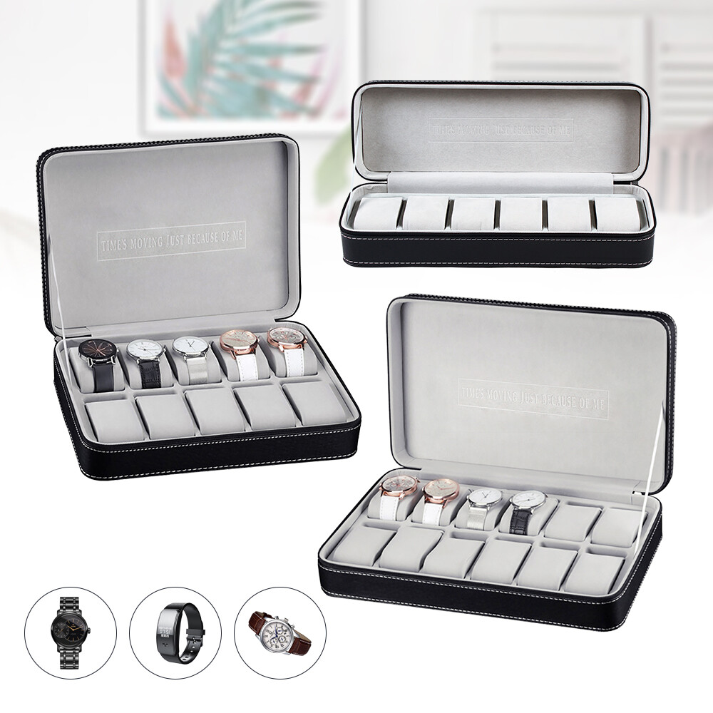 Black 6/10/12 Slots Watch Box Jewelry Display Storage Zipper Case Organizer Box