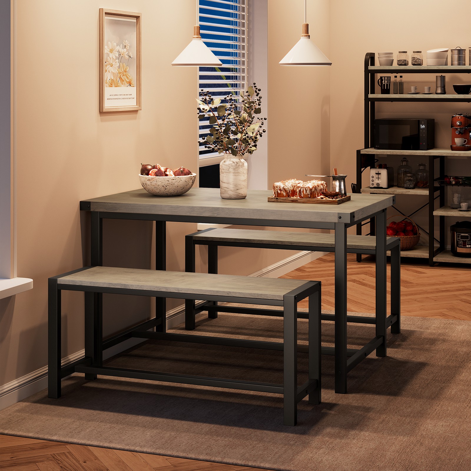 Dining Table Set for 4, Rectangular Kitchen Table with 2 Metal Wood Benches