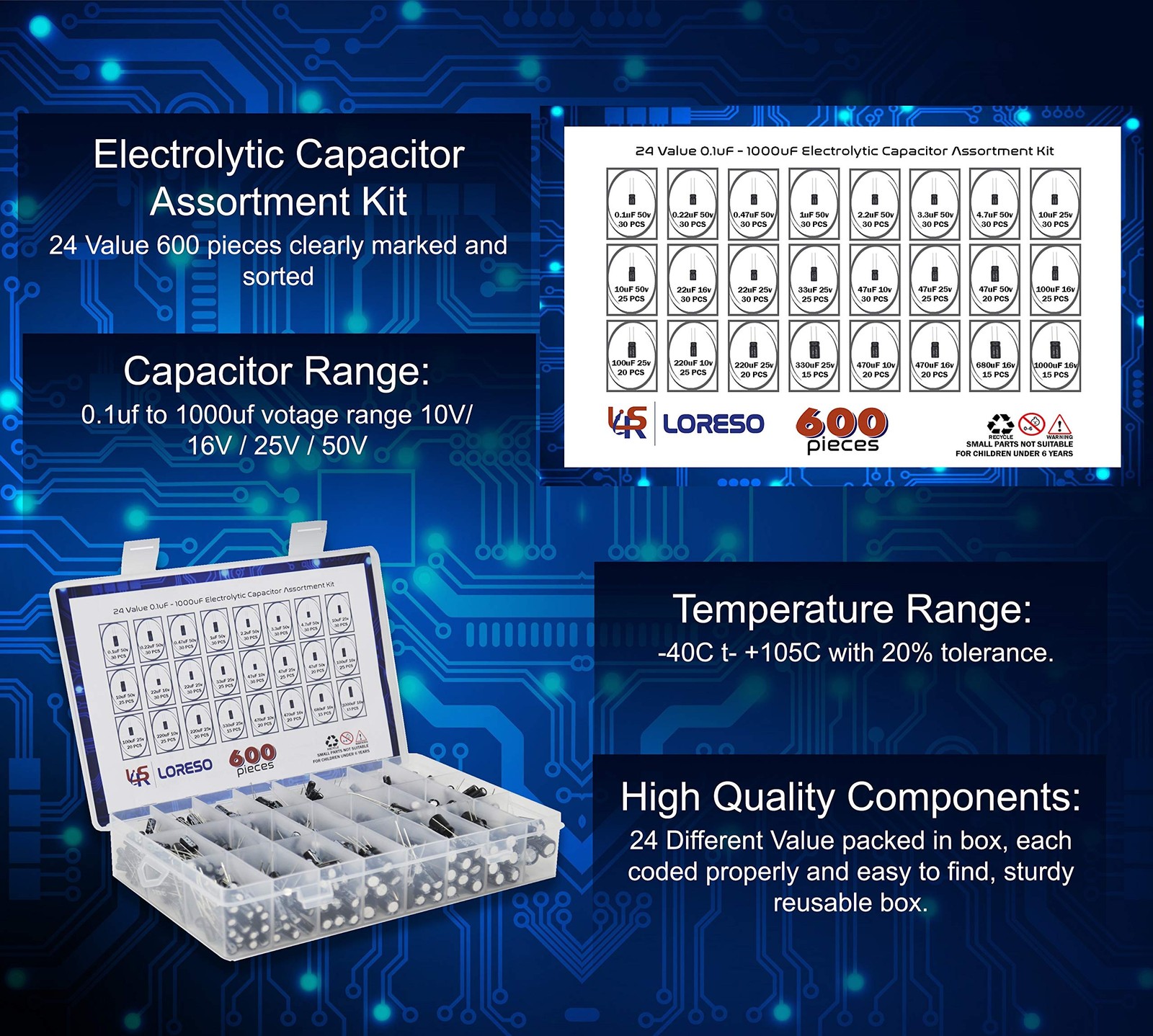 Electrolytic Capacitor Assortment Kit Box by Loreso 600pcs 24 Value - Electro...