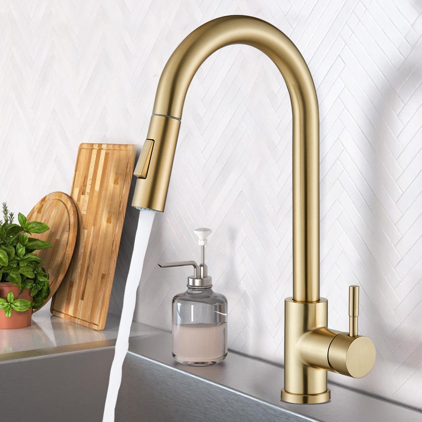 Brushed Gold Kitchen Faucet Sink Mixer Faucet Pull Down Sprayer Single Handle