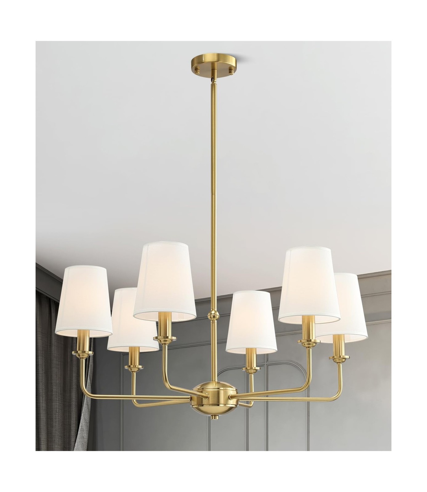 6-Light Brushed Gold Pendant Chandelier with Fabric Shades, E12 Base - Farmho...