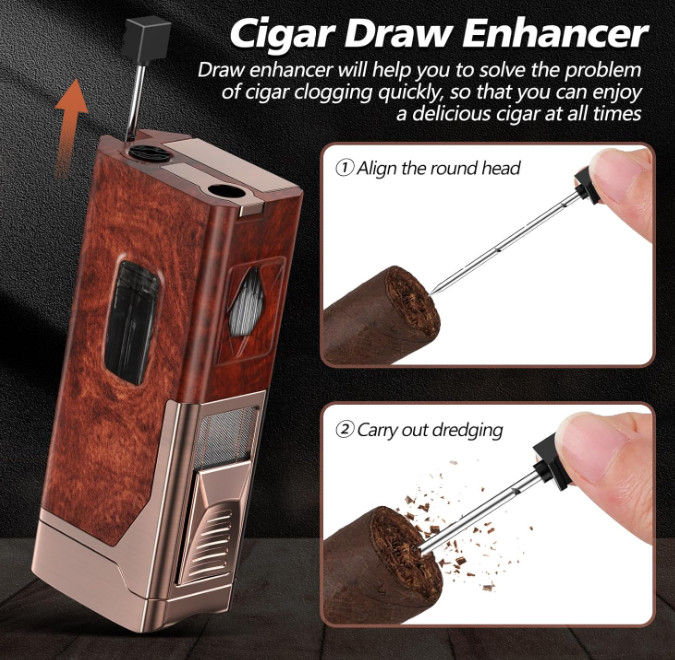 Multifunctional Cigar Lighter with Cutter, Holder, Punch, and Draw Enhancer