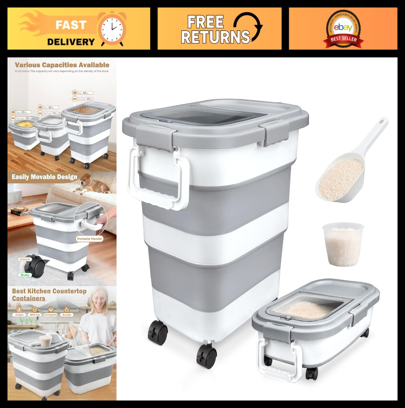 Airtight Collapsible Rice Storage Container 10-40 Lbs, Pet Food Bin with Scoop