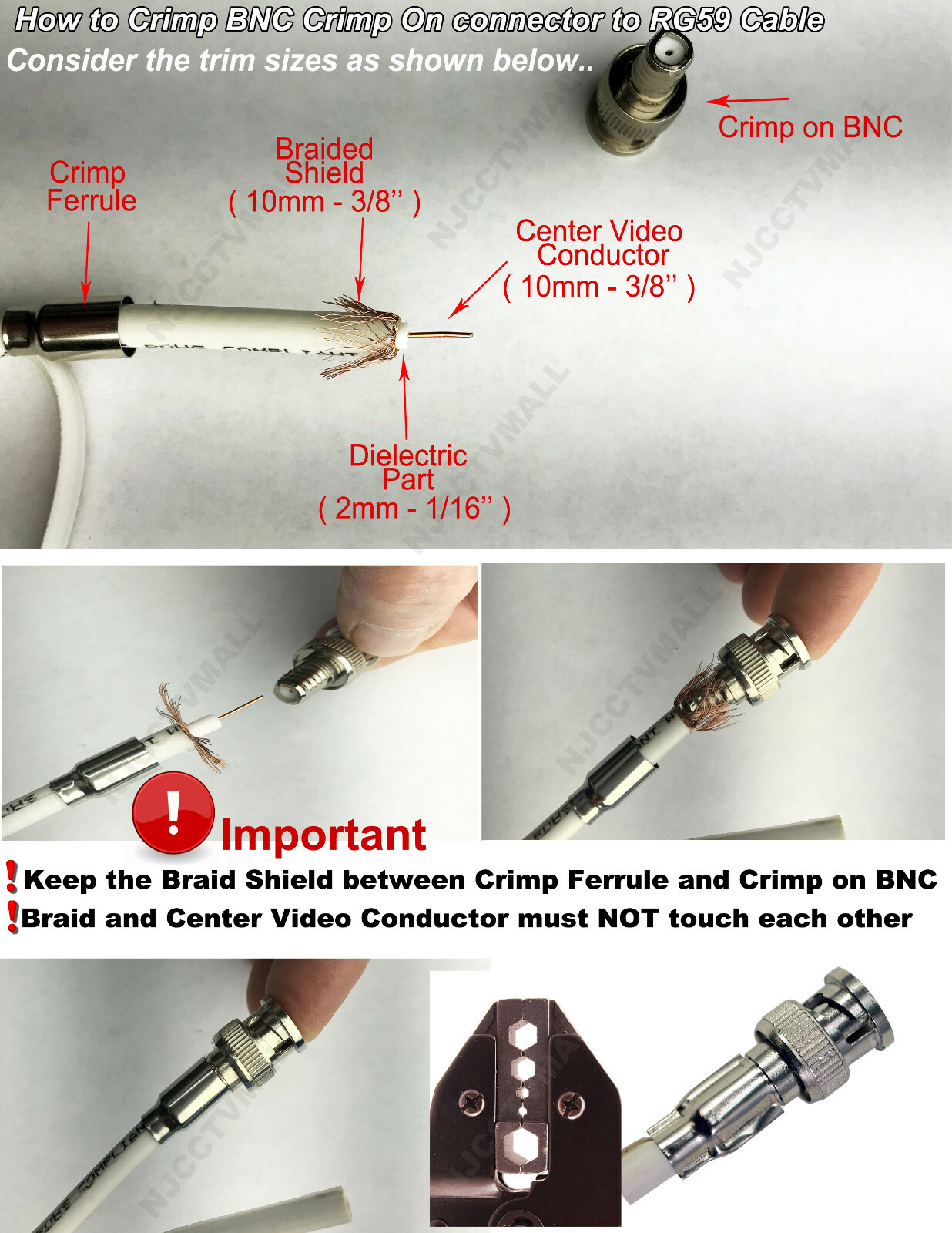 BNC Crimping Tool for Crimp On BNC Connector RG59 Coax Cable Wire for CCTV