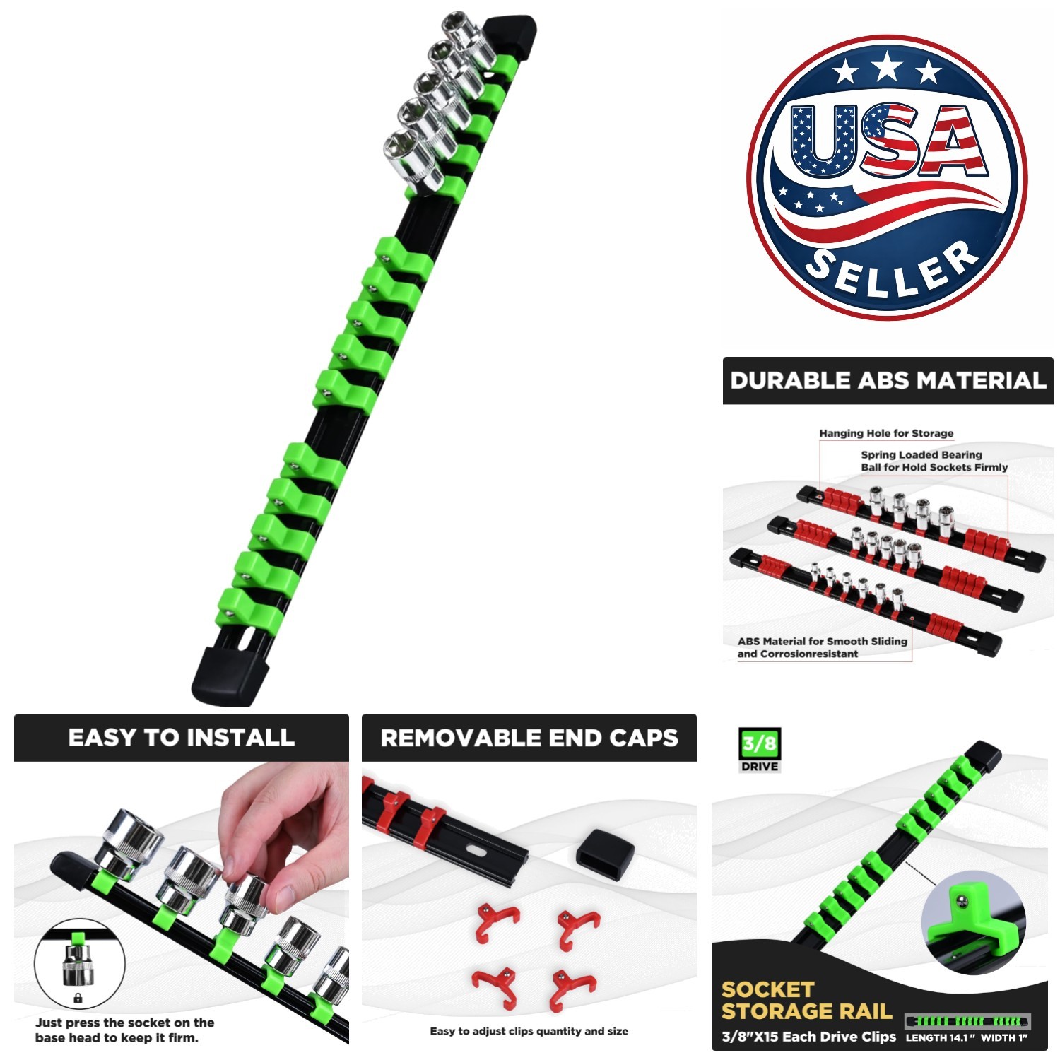 3/8-Inch Drive Socket Rail Organizer - 15 Clips, Wall-Mountable ABS Green