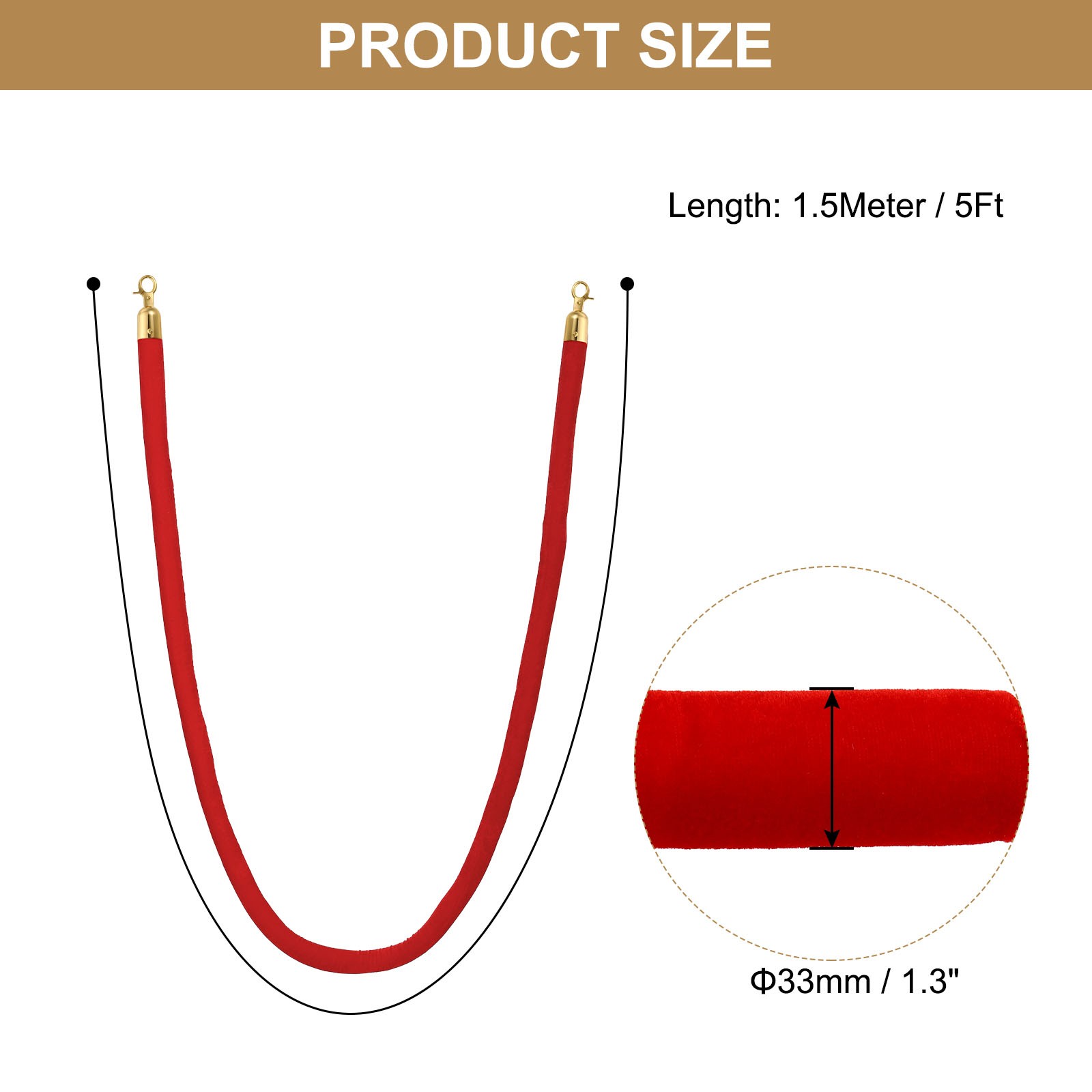 2Pcs 5Ft Red Velvet Stanchion Rope Crowd Control Barrier Rope Golden