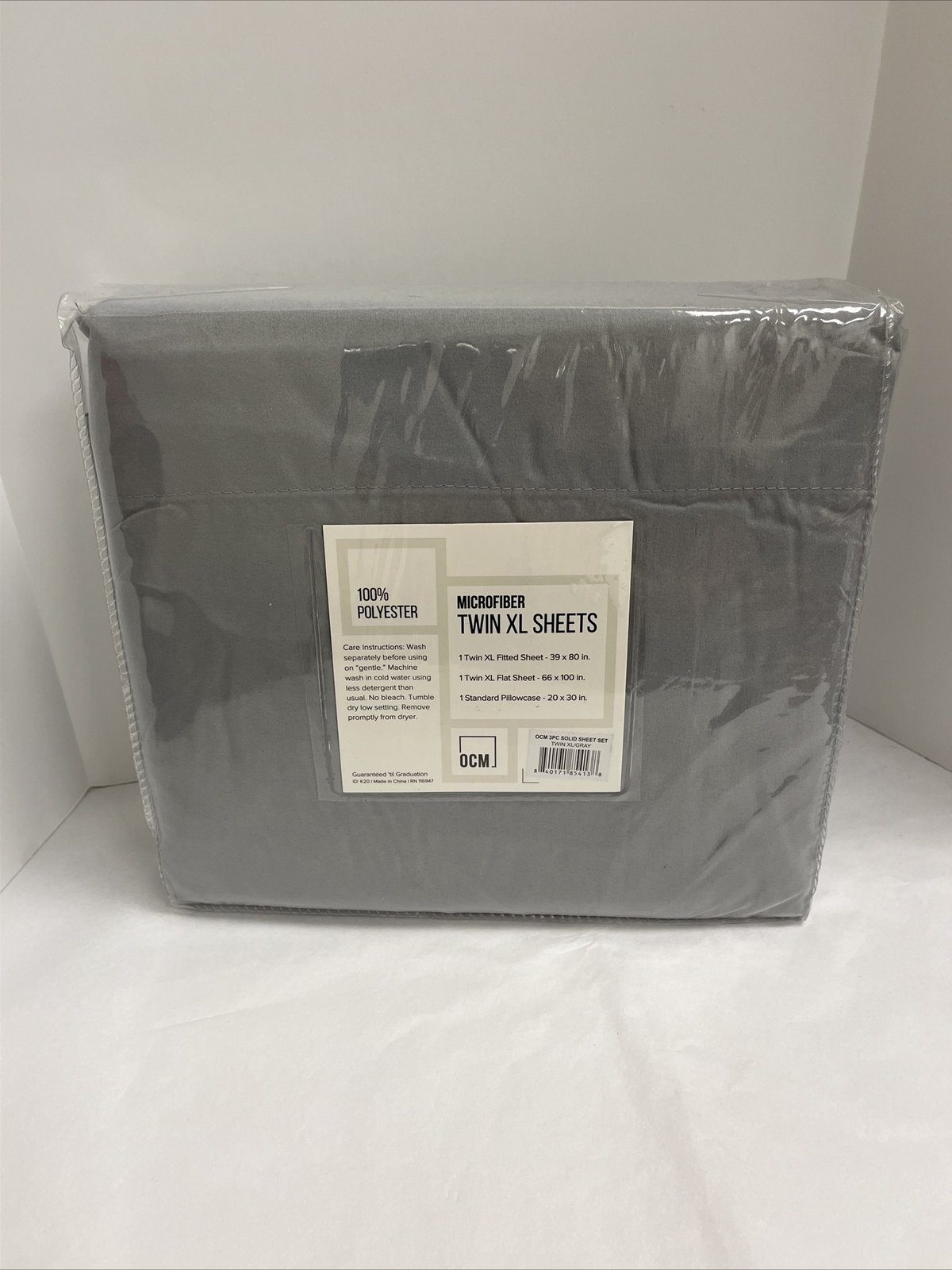 OCM College Dorm Microfiber 3 Piece Sheet Set Twin XL Solid Gray - New & Sealed