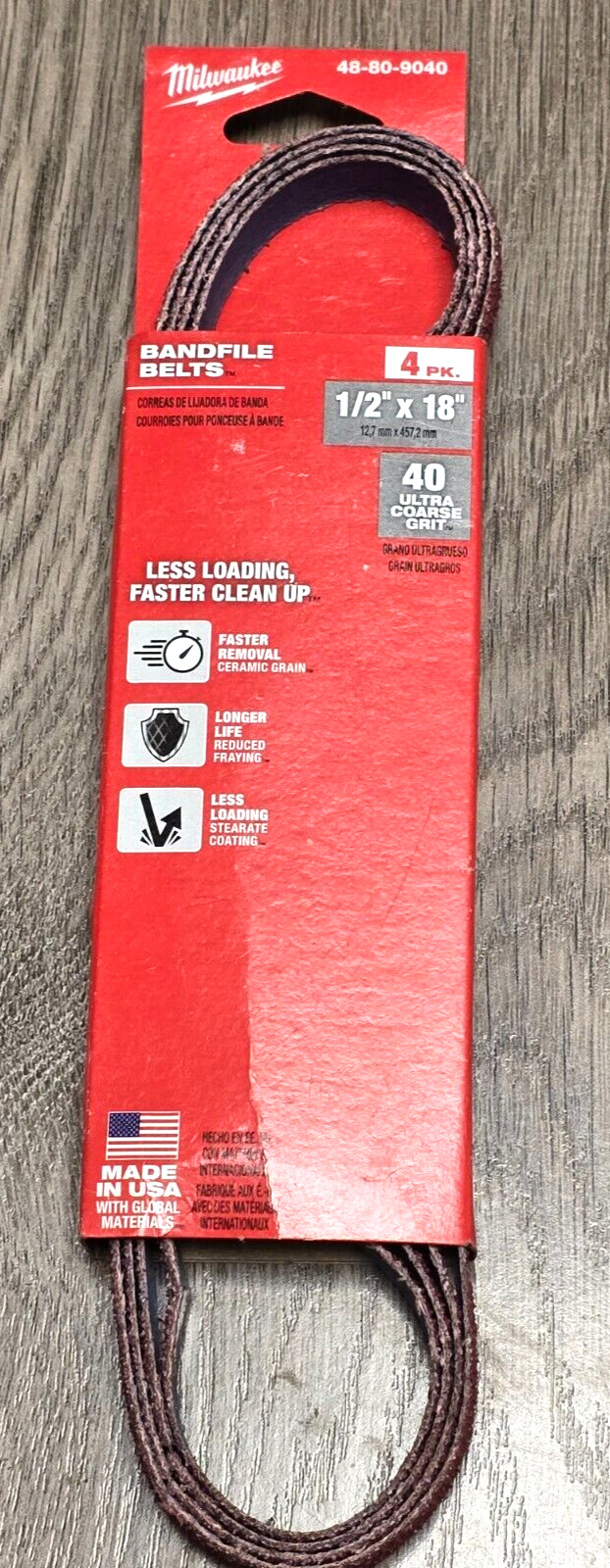 4pc Replacement Milwaukee 1/2" x 18" Bandfile Sanding Belts, 40 grit 48-80-9040